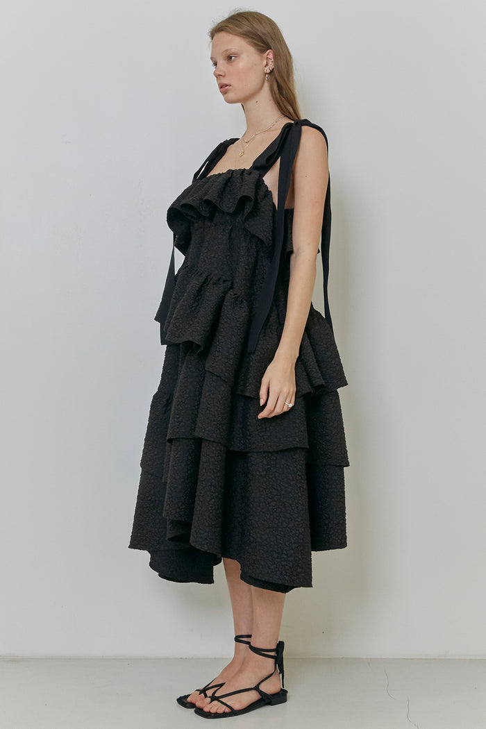 Goen.j Asymmetric Ruffled And Gathered Leopard Matelassé Dress BLACK