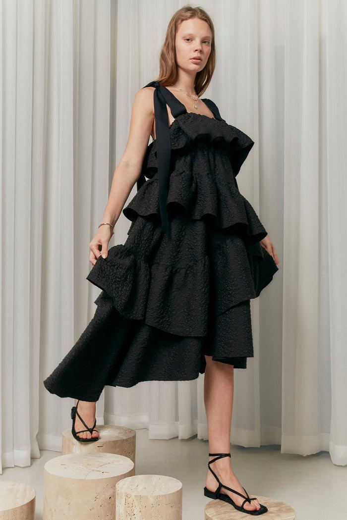 goen.j Asymmetric ruffled and gathered leopard matelassé dress BLACK