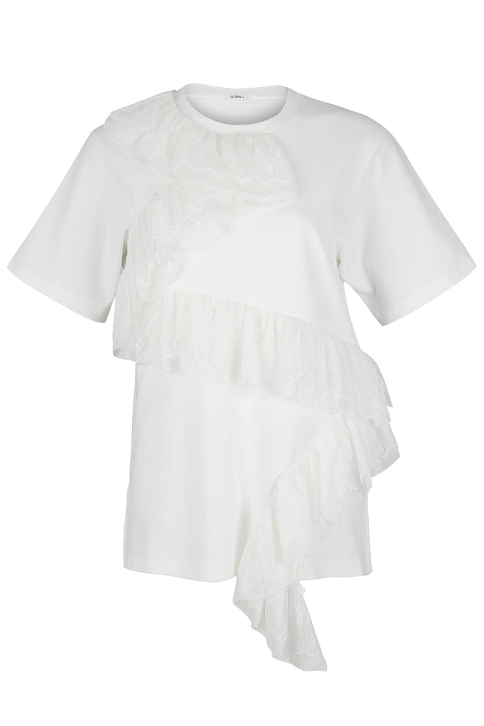 Goen.j Asymmetric Ruffled And Lace Trimmed Cotton Jersey Top IVORY