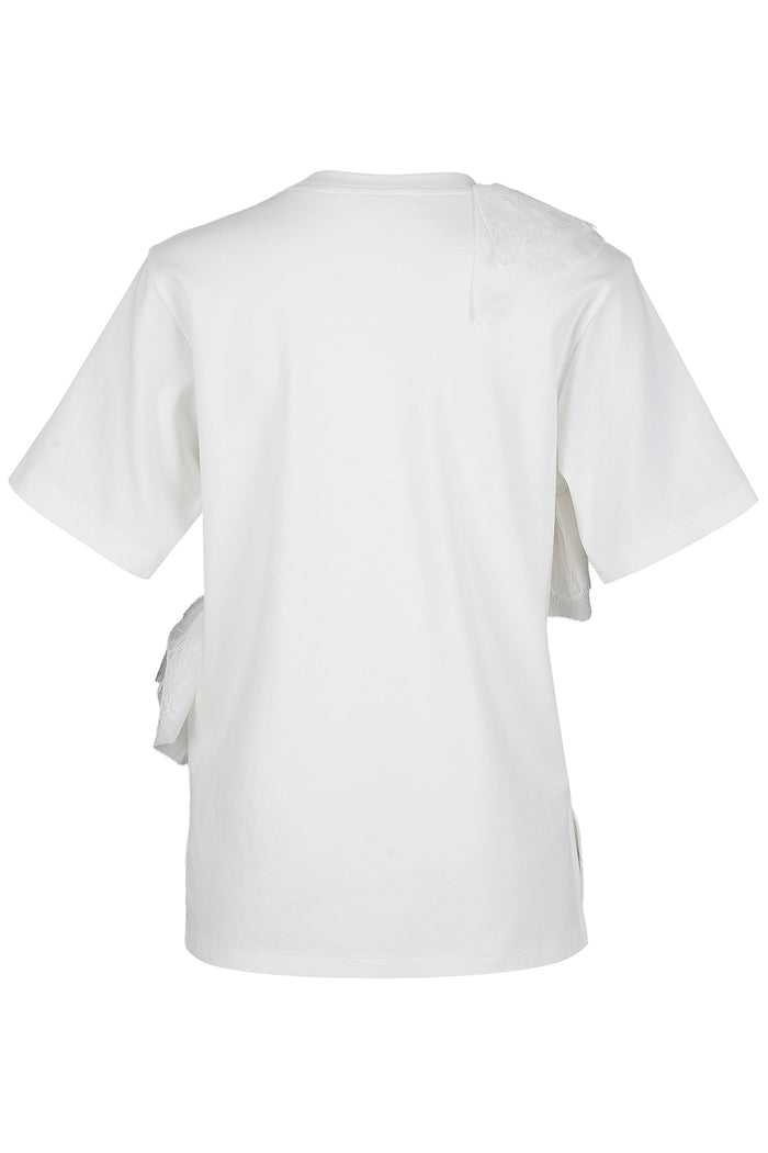 Goen.j Asymmetric Ruffled And Lace Trimmed Cotton Jersey Top IVORY