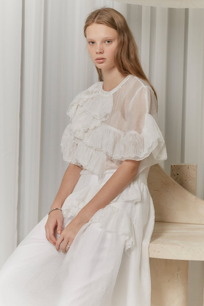 Goen.j Asymmetric Ruffled And Lace Trimmed Sheer Chiffon Dress