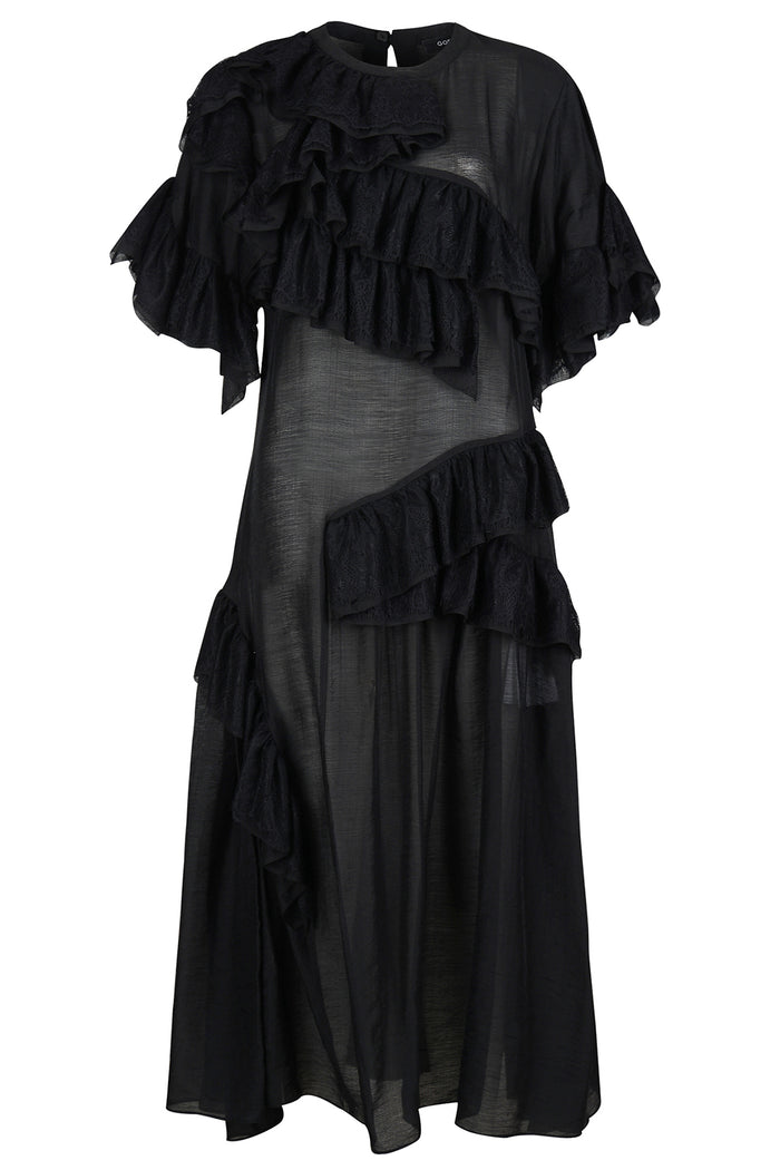 Goen.j Asymmetric Ruffled And Lace Trimmed Sheer Chiffon Dress