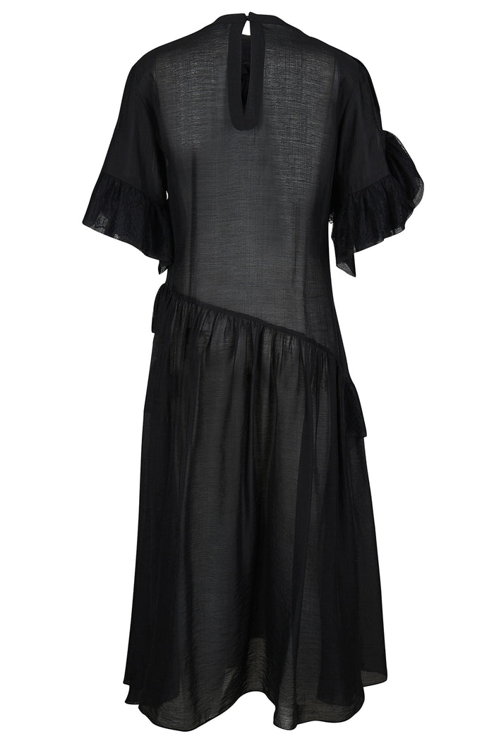 Goen.j Asymmetric Ruffled And Lace Trimmed Sheer Chiffon Dress