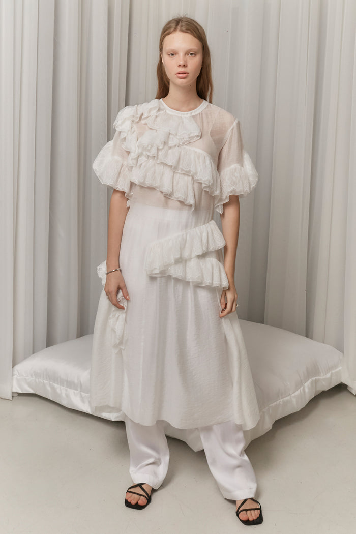 goen.j Asymmetric ruffled and lace trimmed sheer chiffon dress