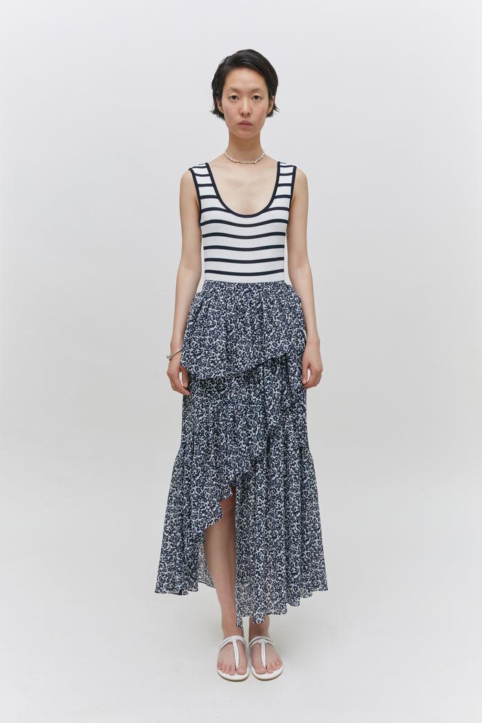 Goen.j Asymmetric Ruffled Floral-print Gathered Midi Skirt
