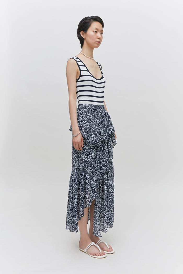 Goen.j Asymmetric Ruffled Floral-print Gathered Midi Skirt