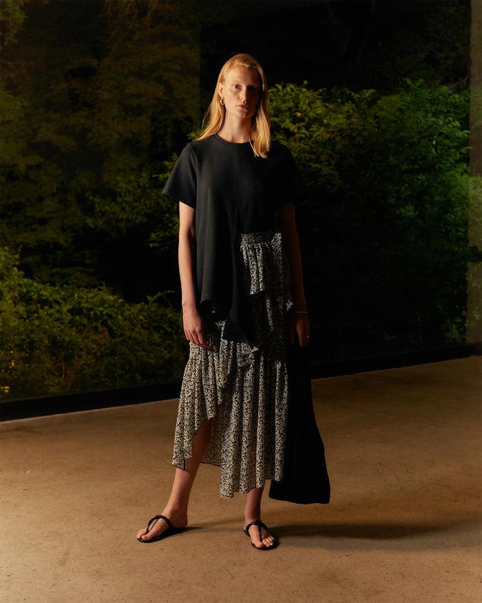 goen.j Asymmetric ruffled floral-print gathered midi skirt