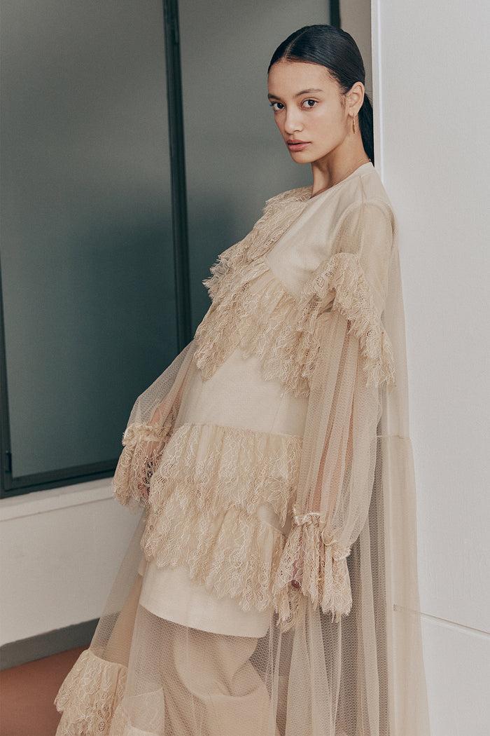 Goen.j Asymmetric Ruffled Sheer Lace Trim Layered With Jersey Top Dress BEIGE