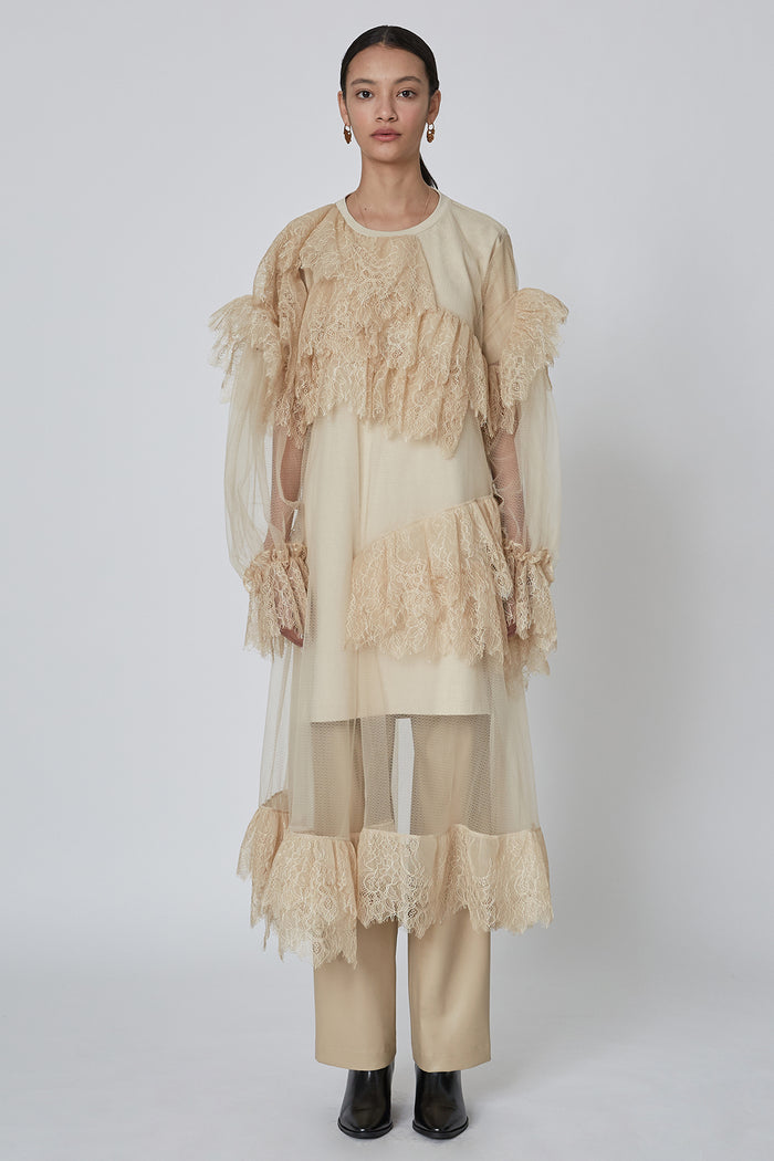 Goen.j Asymmetric Ruffled Sheer Lace Trim Layered With Jersey Top Dress BEIGE