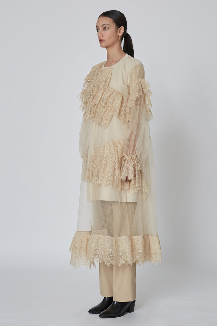 Goen.j Asymmetric Ruffled Sheer Lace Trim Layered With Jersey Top Dress BEIGE
