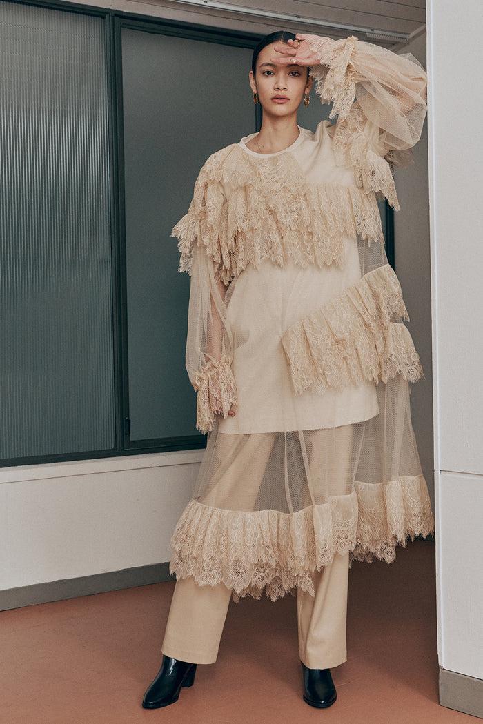 goen.j Asymmetric ruffled sheer lace trim layered with jersey top dress BEIGE