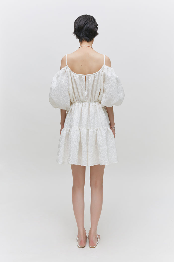 Goen.j Balloon Sleeved Gathered Silk-blend Matelassé Mini Dress IVORY