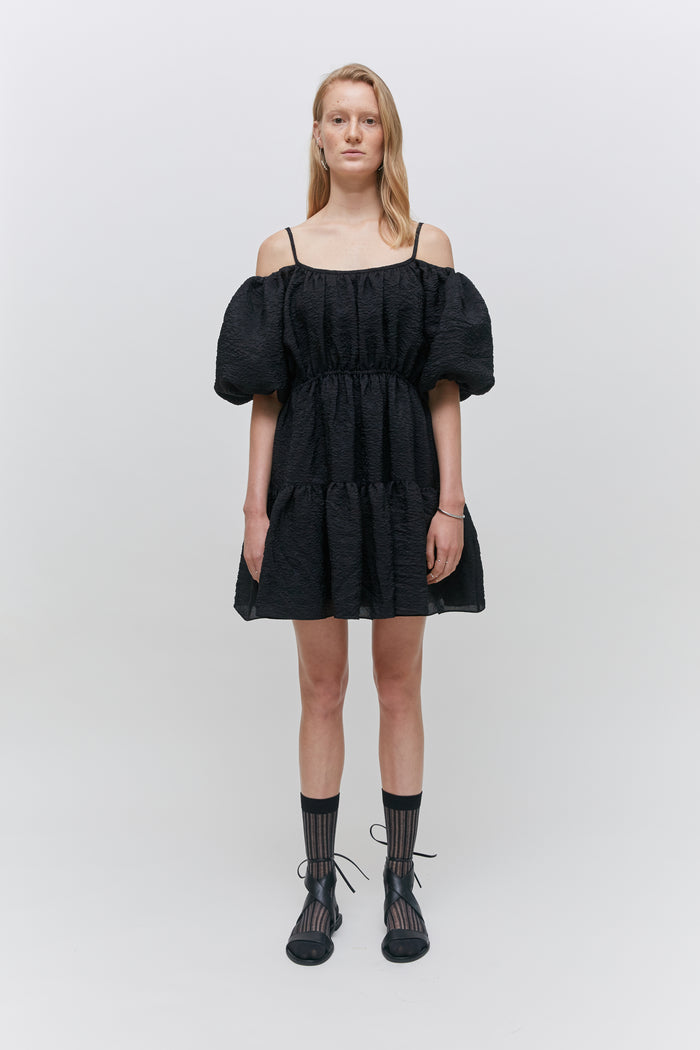 Goen.j Balloon Sleeved Gathered Silk-blend Matelassé Mini Dress BLACK