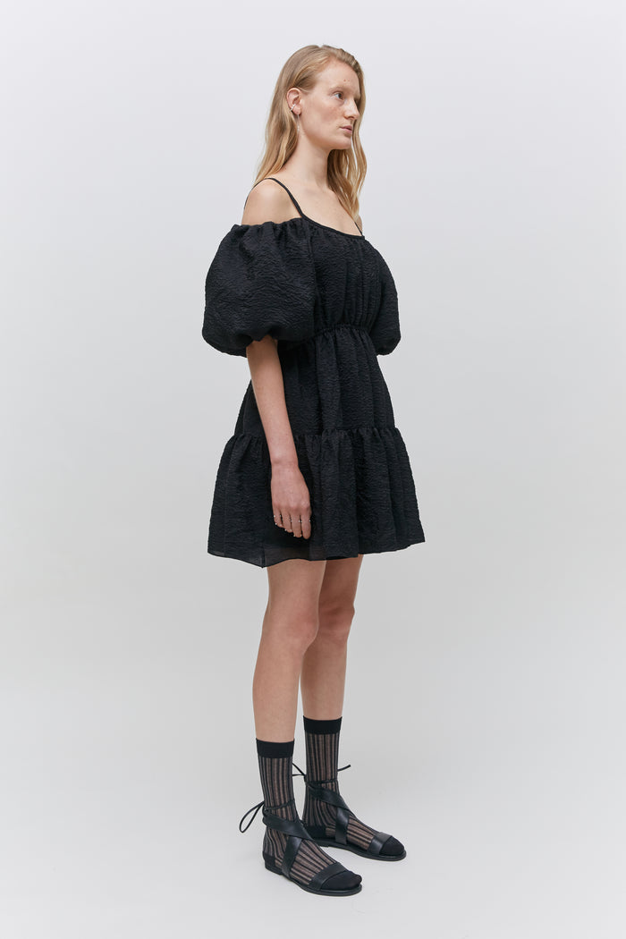 Goen.j Balloon Sleeved Gathered Silk-blend Matelassé Mini Dress BLACK