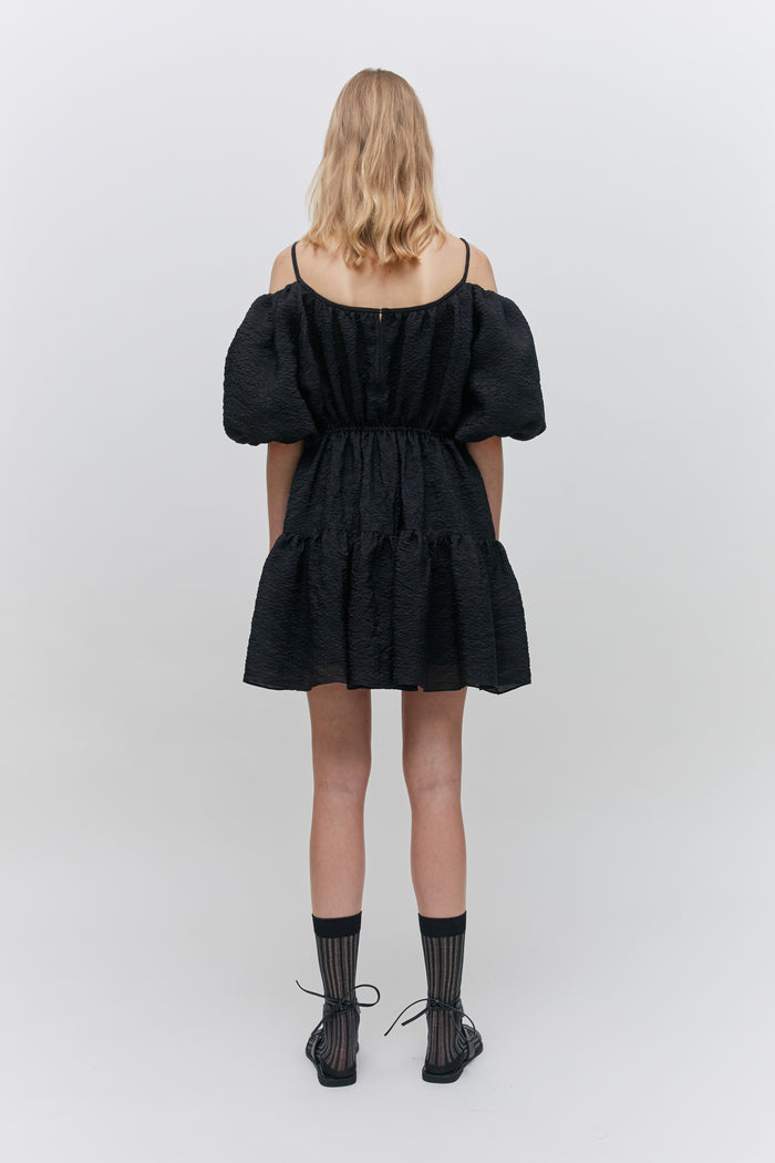 Goen.j Balloon Sleeved Gathered Silk-blend Matelassé Mini Dress BLACK
