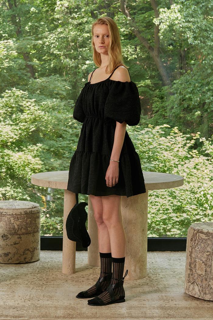 goen.j Balloon sleeved gathered silk-blend matelassé mini dress BLACK