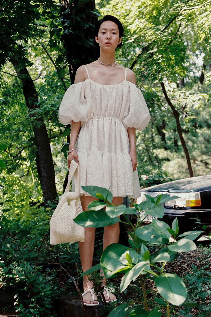 goen.j Balloon sleeved gathered silk-blend matelassé mini dress IVORY