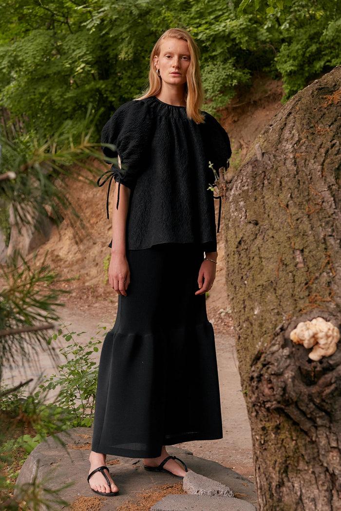 goen.j Balloon sleeved gathered silk-blend matelassé top BLACK