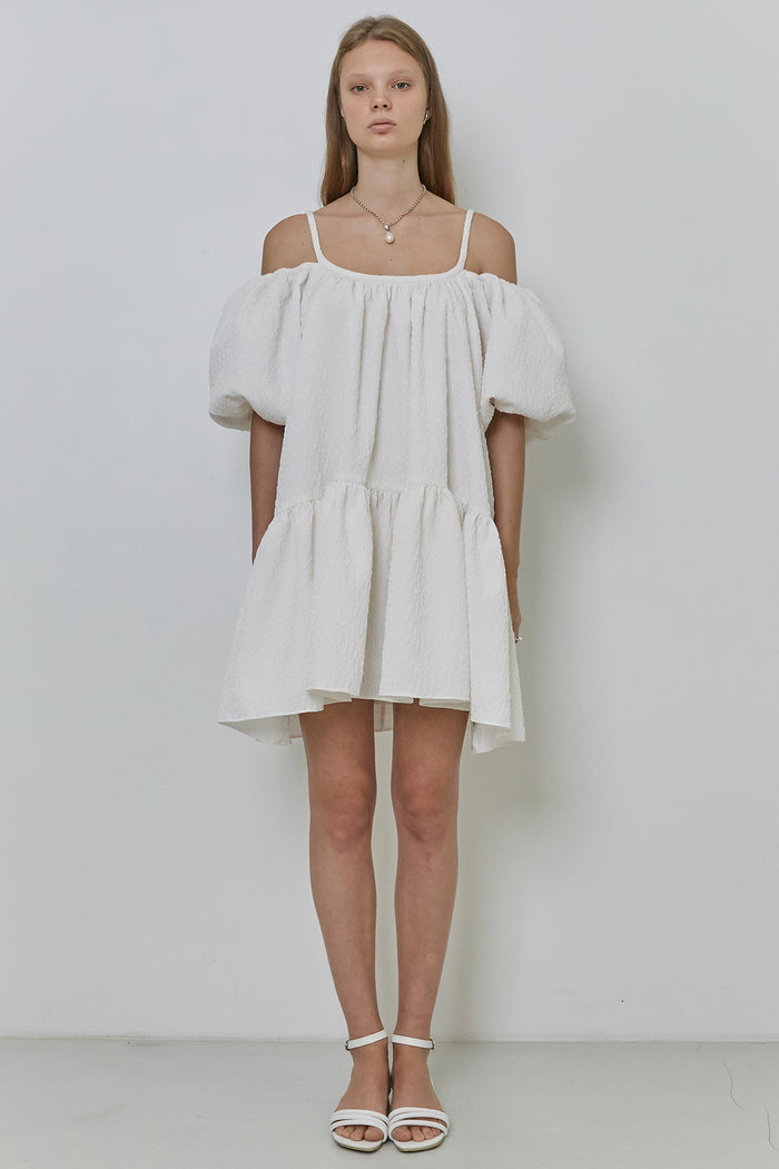 Goen.j Balloon Sleeved Leopard Matelassé Gathered Mini Dress IVORY