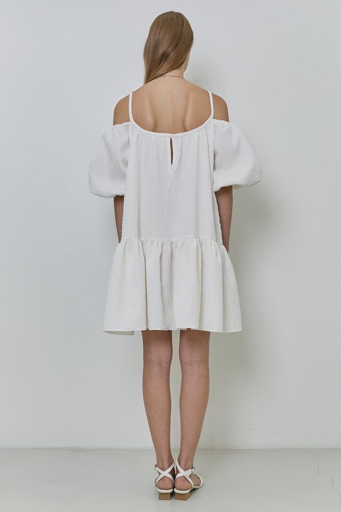 Goen.j Balloon Sleeved Leopard Matelassé Gathered Mini Dress IVORY