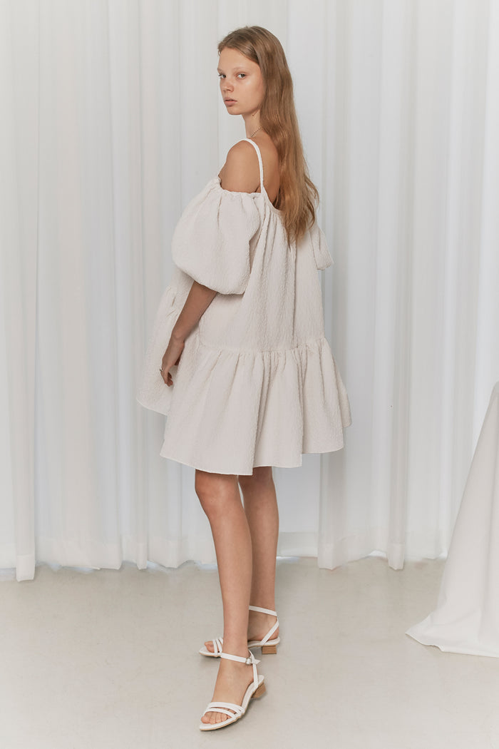 goen.j Balloon sleeved leopard matelassé gathered mini dress IVORY