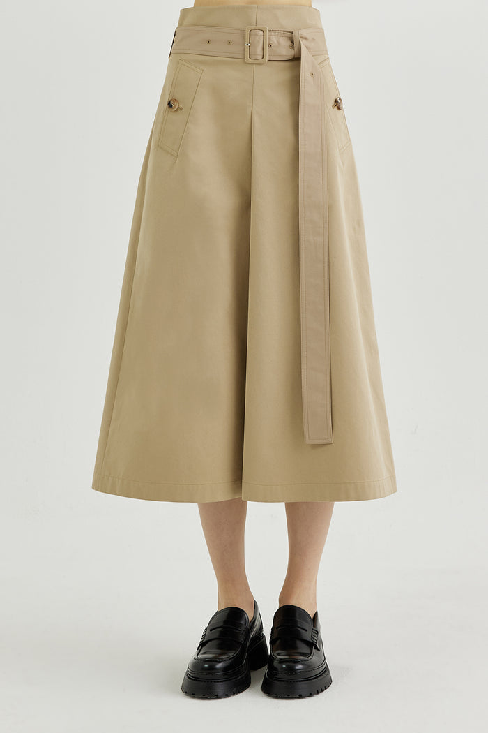 Goen.j Belted High-rise A-line Cotton-gabardine Skirt BEIGE