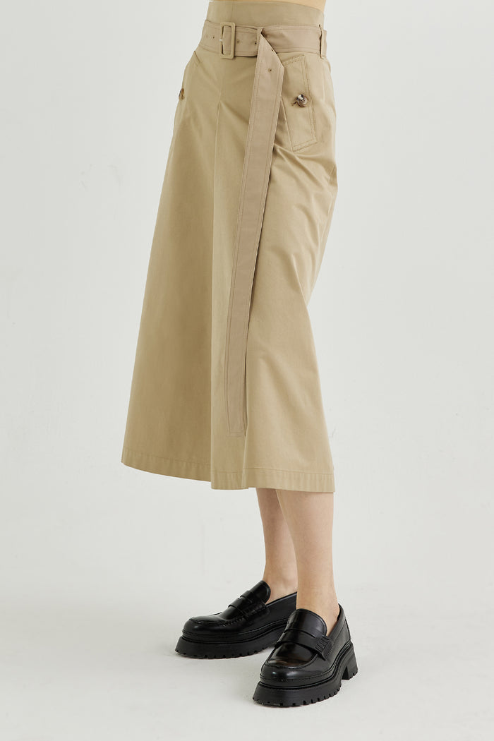 Goen.j Belted High-rise A-line Cotton-gabardine Skirt BEIGE