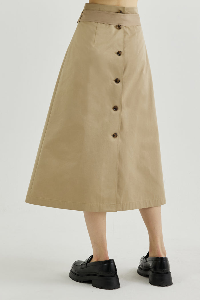 Goen.j Belted High-rise A-line Cotton-gabardine Skirt BEIGE