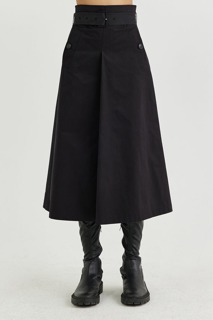Goen.j Belted High-rise A-line Cotton-gabardine Skirt BLACK