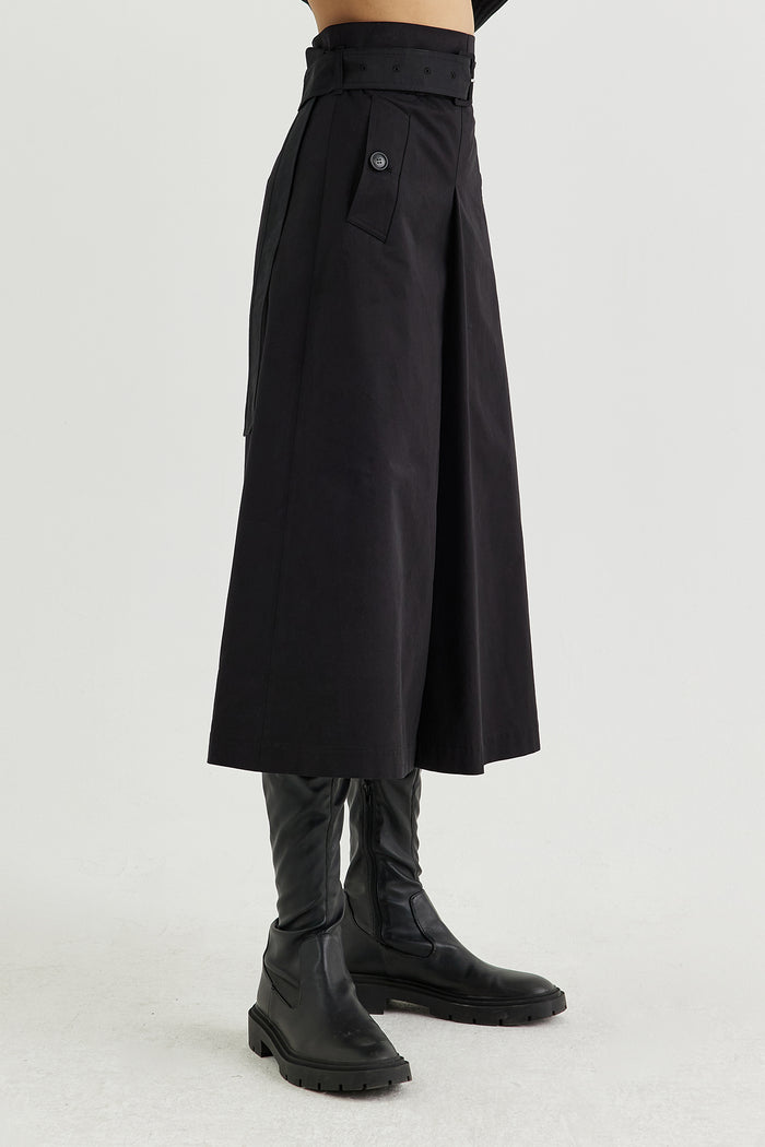 Goen.j Belted High-rise A-line Cotton-gabardine Skirt BLACK