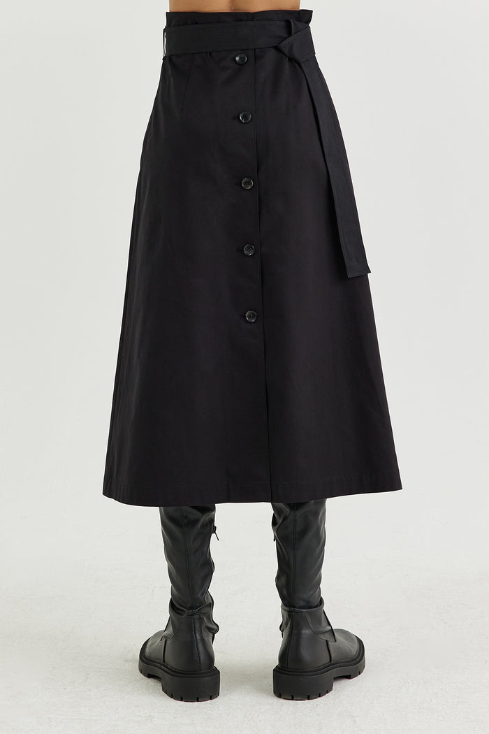 Goen.j Belted High-rise A-line Cotton-gabardine Skirt BLACK