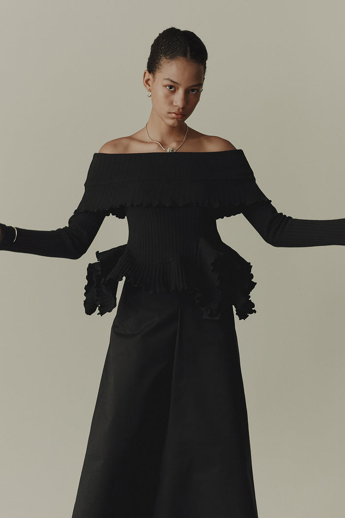 goen.j Belted high-rise A-line cotton-gabardine skirt BLACK goen.j Belted high-rise A-line cotton-gabardine skirt BLACK