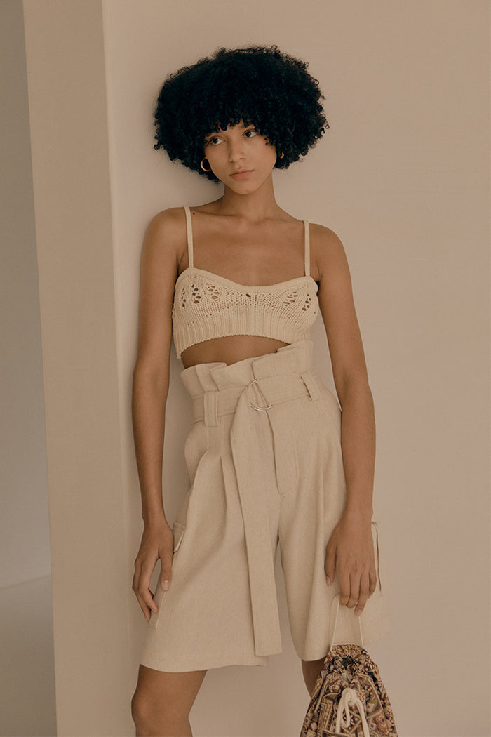 goen.j Belted paperbag-waist bermuda pants NATURAL BEIGE