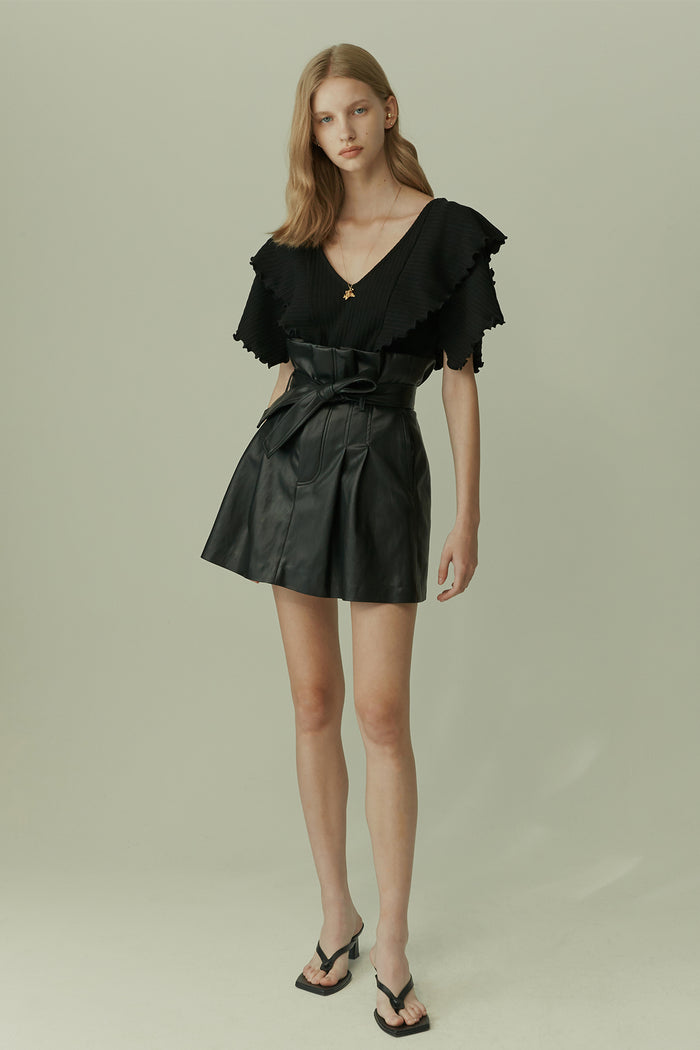 goen.j Belted vegan-leather paperbag pleated mini skirt BLACK