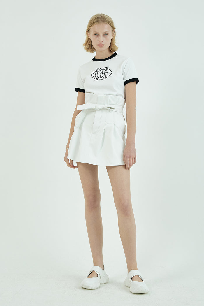 Goen.j Belted Vegan-leather Paperbag Pleated Mini Skirt WHITE