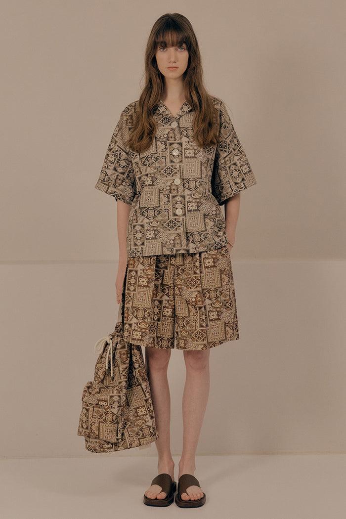 Goen.j Bohemian Vintage Rug Print Button Up Oversized Shirts BEIGE