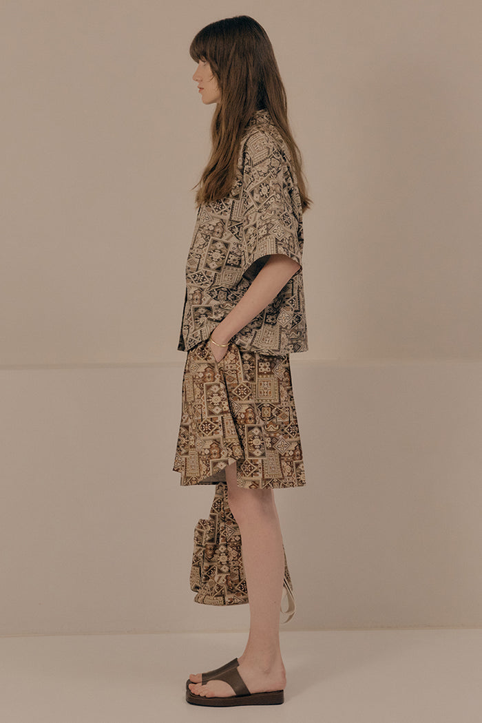 Goen.j Bohemian Vintage Rug Print Button Up Oversized Shirts BEIGE