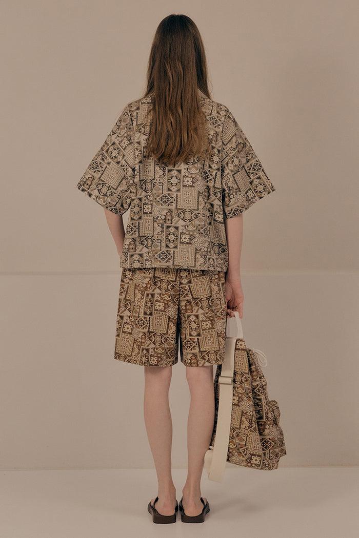 Goen.j Bohemian Vintage Rug Print Button Up Oversized Shirts BEIGE