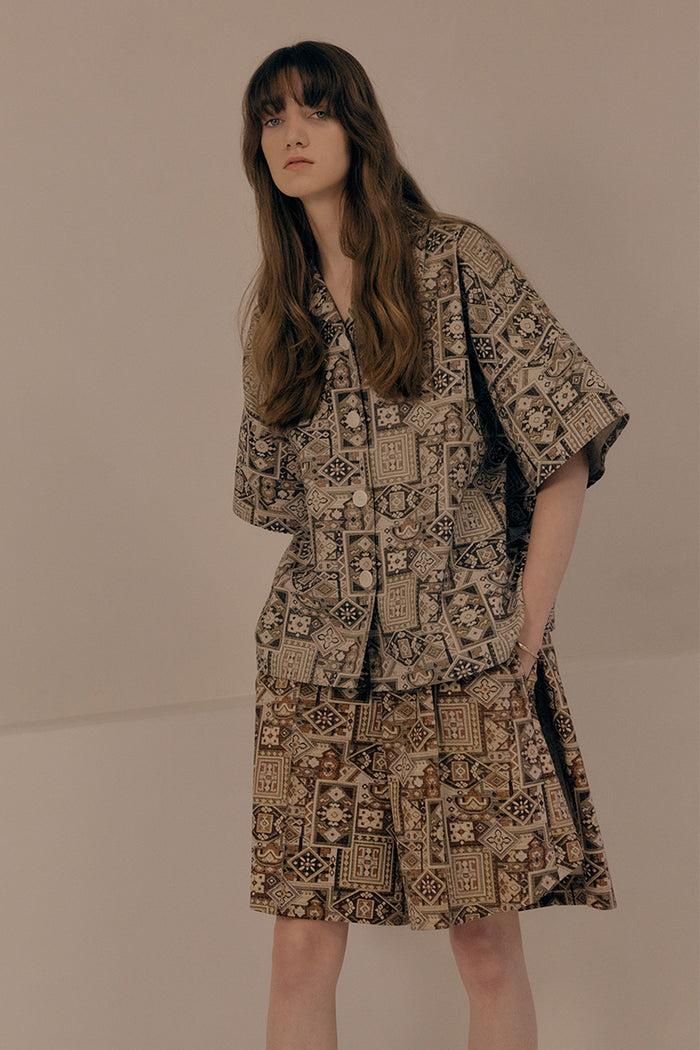 goen.j Bohemian vintage rug print button up oversized shirts BEIGE