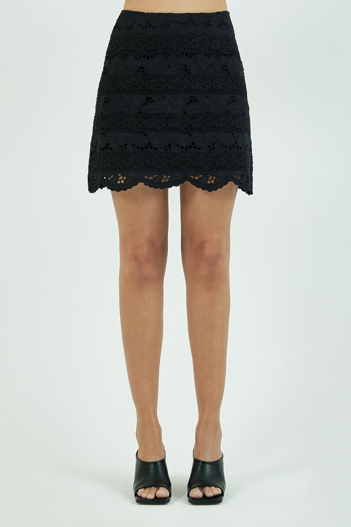 Goen.j Broderie-anglaise Cotton Floral-lace Stripe A-line Mini Skirt BLACK