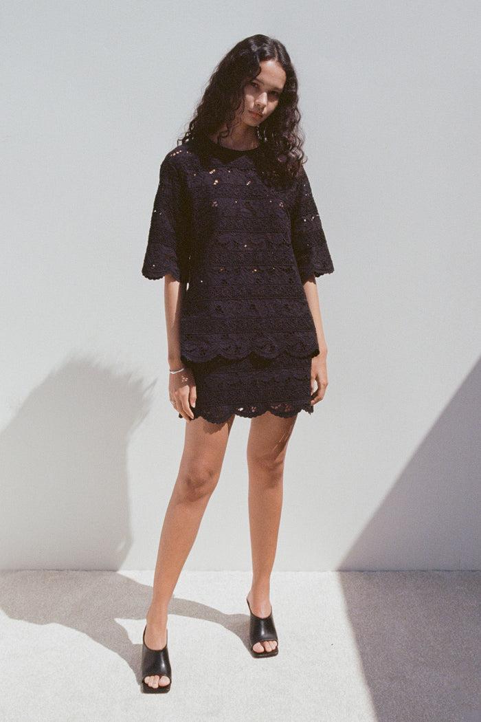 goen.j Broderie-anglaise cotton floral-lace stripe A-line mini skirt BLACK