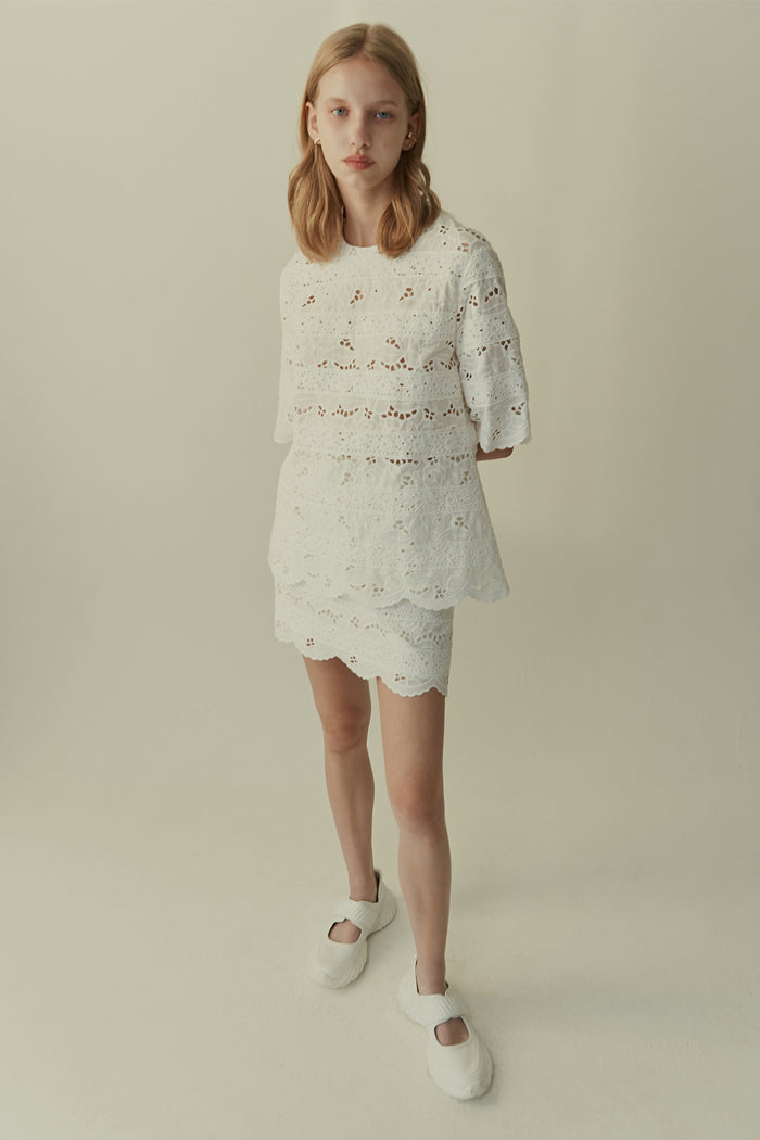 goen.j Broderie-anglaise cotton floral-lace stripe A-line mini skirt IVORY