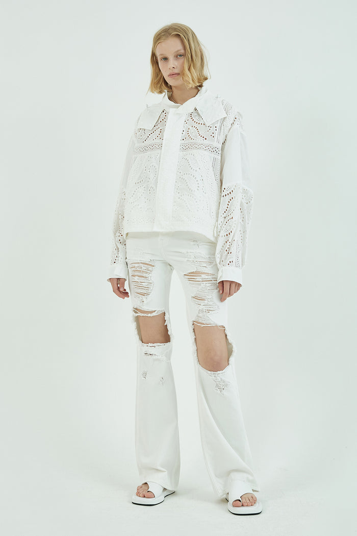 Goen.j Broderie-anglaise Hooded Cropped Jacket IVORY