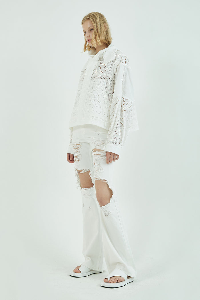 Goen.j Broderie-anglaise Hooded Cropped Jacket IVORY