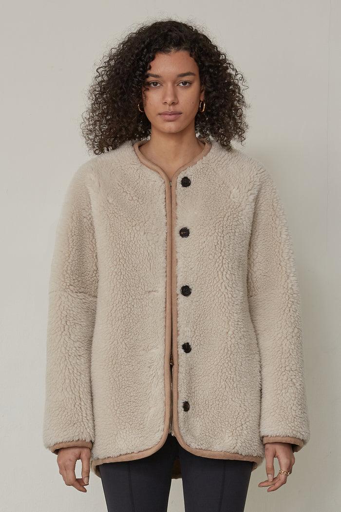 Goen.j Buttoned Detail Faux Shearling-suede Wool-blend Jacket MUSHROOM BEIGE