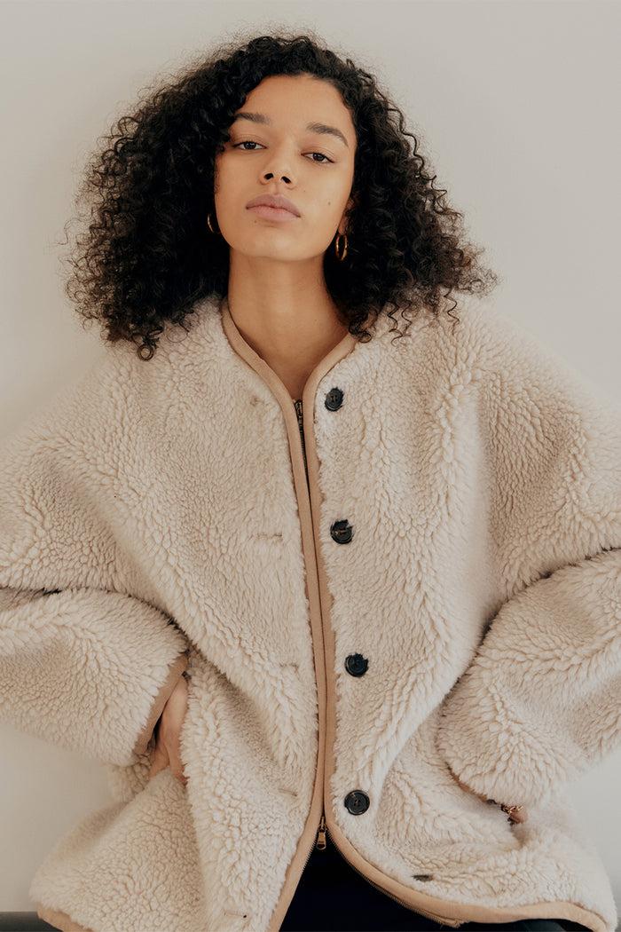 goen.j Buttoned detail faux shearling-suede wool-blend jacket MUSHROOM BEIGE