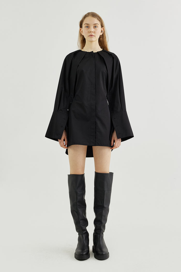 Goen.j Cape-effect Sleeved Cotton Poplin Shirt Dress BLACK