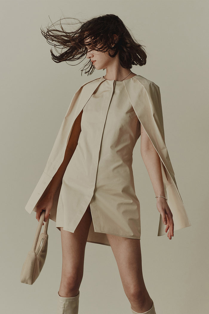 goen.j Cape-effect sleeved cotton poplin shirt dress CREAM
