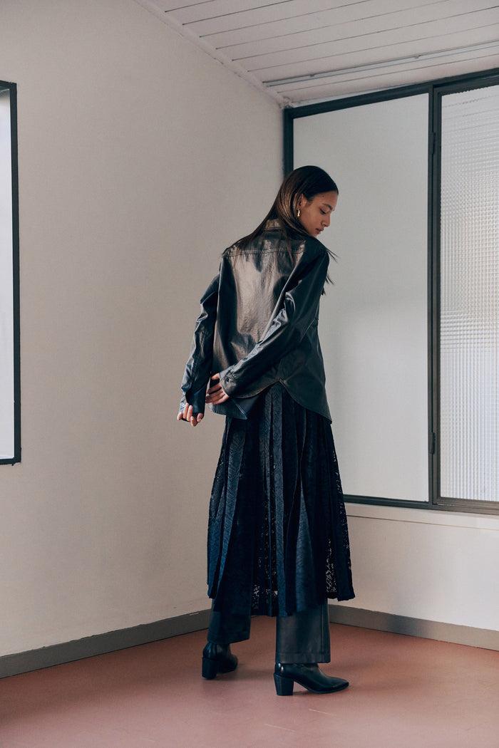 Goen.j Coated Shirt Layered With A Pleated Corded Lace Dress BLACK