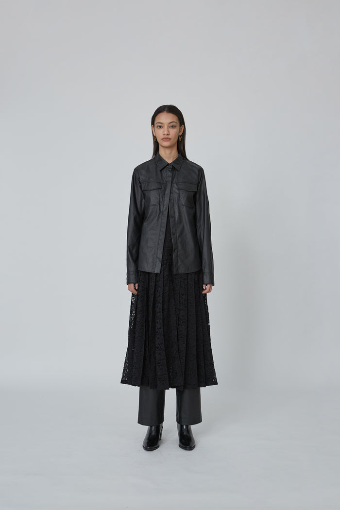 Goen.j Coated Shirt Layered With A Pleated Corded Lace Dress BLACK